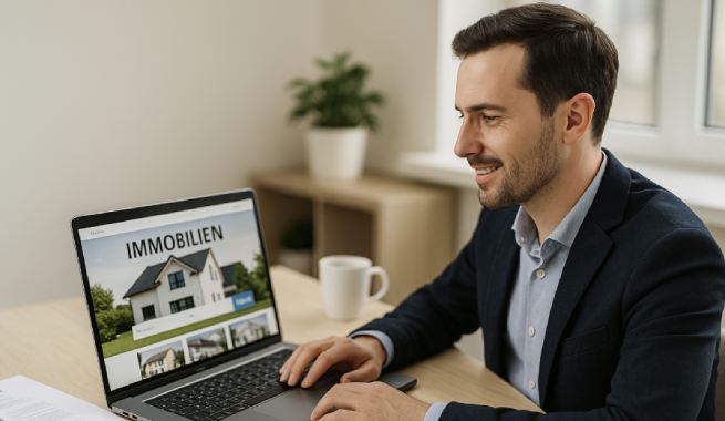 Immobilienmakler am Laptop.