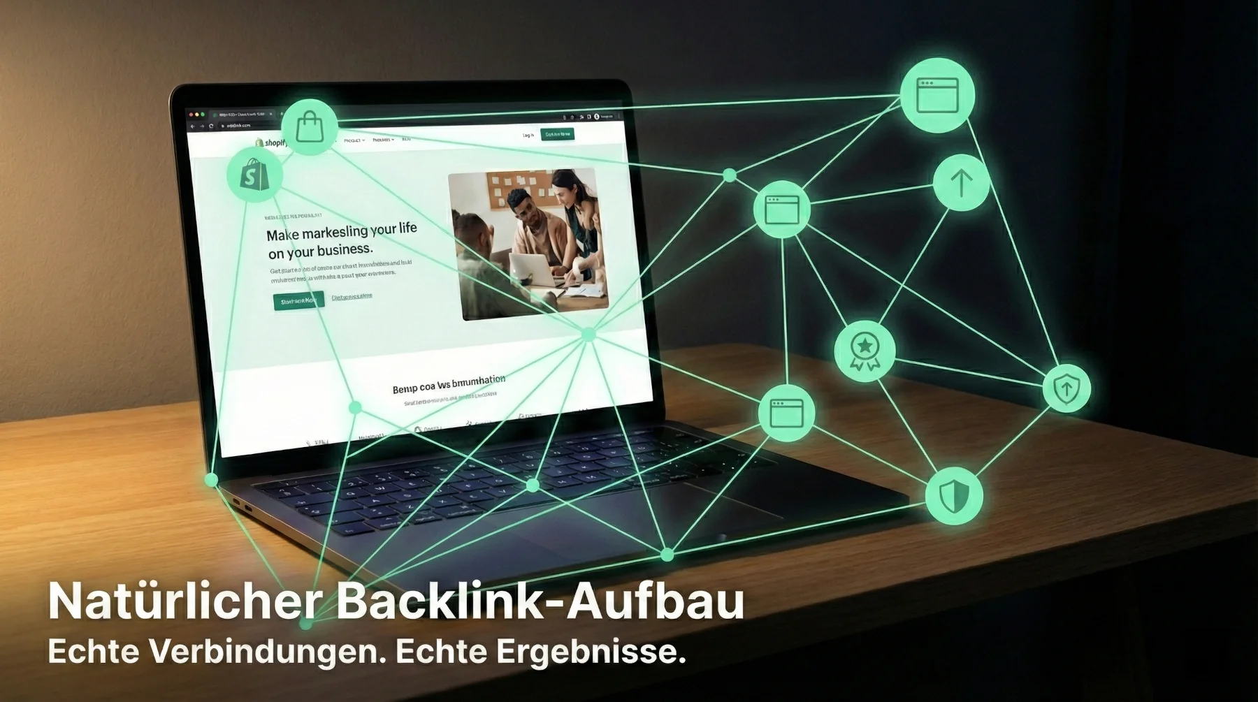 Natürlicher Backlink Aufbau für Fitness und Sport Unternehmen – Laptop mit digitalem Netzwerk aus Verbindungen zu Magazinen, Reviews und Partnerseiten