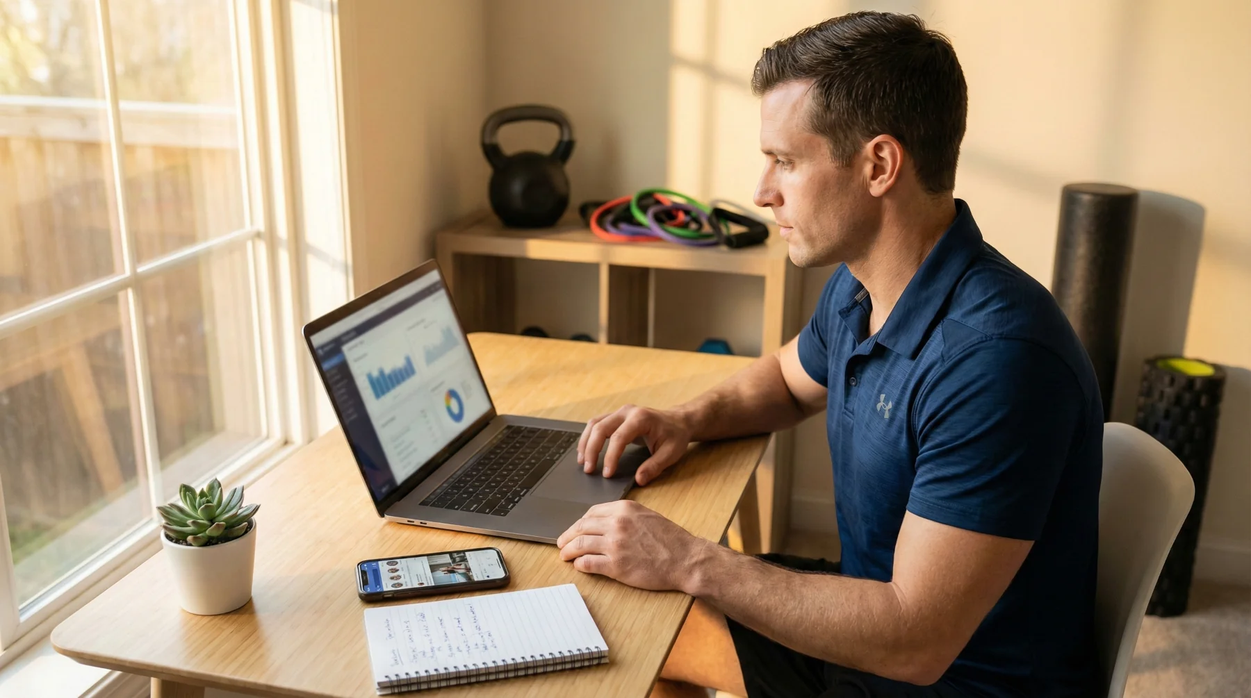 Personal Trainer am Laptop plant seine Online-Marketing-Strategie – digitale Sichtbarkeit für Fitness-Profis