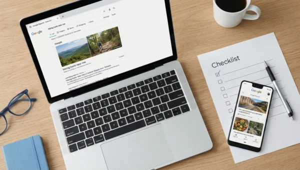 Laptop zeigt Google-Suchergebnis mit Vorschaubild neben einer Checkliste auf dem Schreibtisch – symbolisch für die Optimierung von og:image und strukturierten Daten